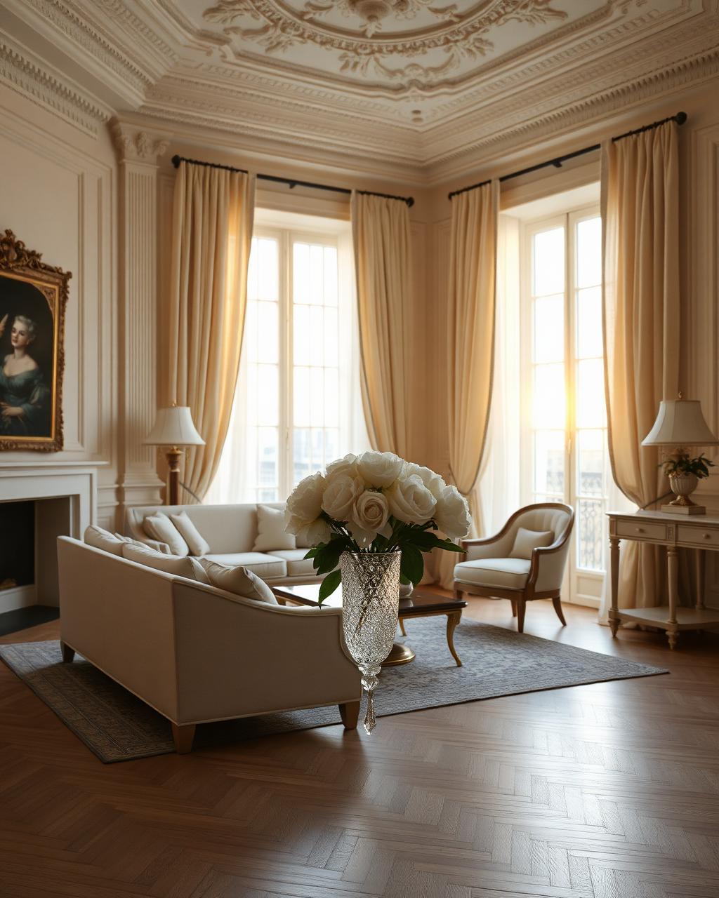 Neoclassical living room bathed in golden light